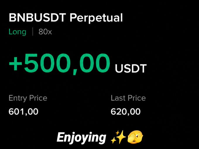 A crypto trading screenshot showing a BNBUSDT Perpetual Long position at 80x leverage with a +500.00 USDT profit, entry price 601.00 and last price 620.00, captioned "Enjoying ✨🤭".