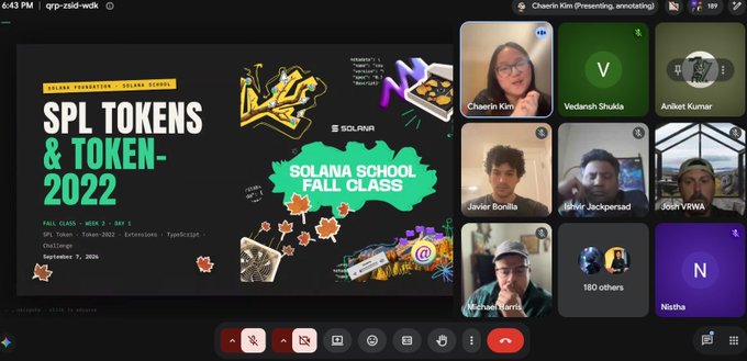 A Google Meet video call screenshot shows a presentation slide for 'SPL Tokens & Token-2022: Solana School Fall Class' with several participant video tiles visible.