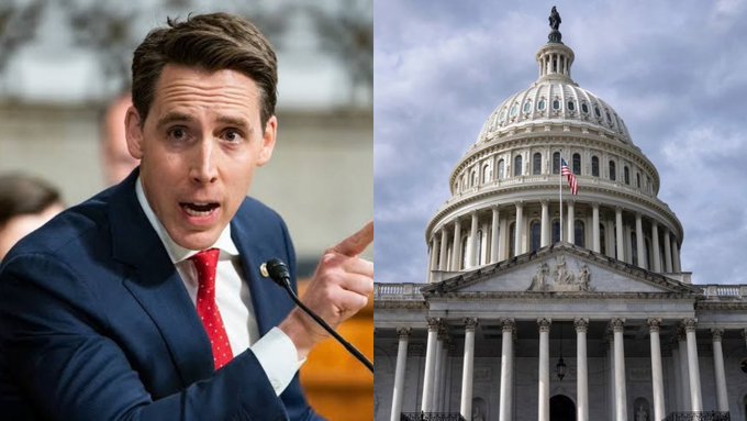 Senator Josh Hawley speaks emphatically while the U.S. Capitol building is shown, visually tying the Missouri Republican's opposition to the CLARITY Act to concerns that stablecoin yields could divert deposits away from traditional banks.