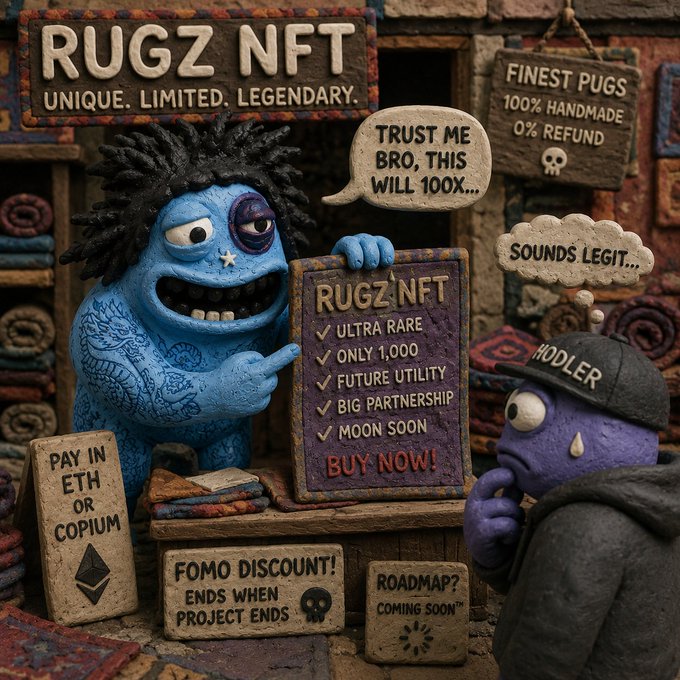 A satirical claymation-style NFT marketplace scene featuring a blue monstrous character selling 'RUGZ NFT' to a purple 'HODLER' character, with warning signs like 'FINEST PUGS 0% REFUND' and 'PAY IN ETH OR COPIUM'.