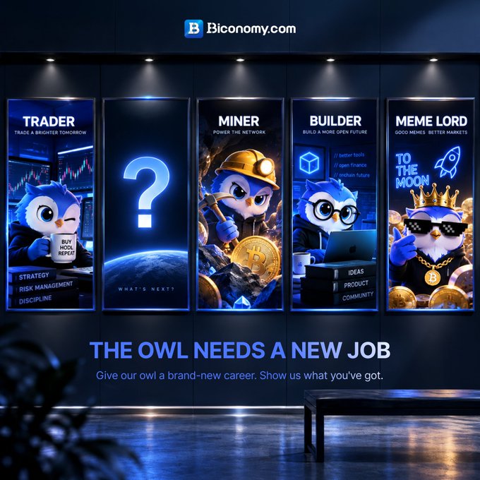 A billboard display for Biconomy.com featuring four owl mascots labeled 'TRADER', 'MINER', 'BUILDER', and 'MEME LORD', with a question mark poster asking 'WHAT'S NEXT?' and text 'THE OWL NEEDS A NEW JOB'.