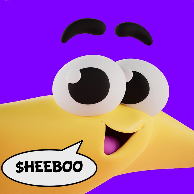 A 3D rendering of a cheerful yellow banana-like character with big eyes on a purple background, with a speech bubble reading "$HEEBOO".