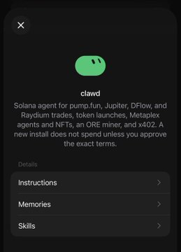 A dark mobile app screen showing a green claw icon labeled 'clawd' with a description mentioning Solana agent for pump.fun, Jupiter, DFlow, and Raydium trades, along with menus for Instructions, Memories, and Skills.