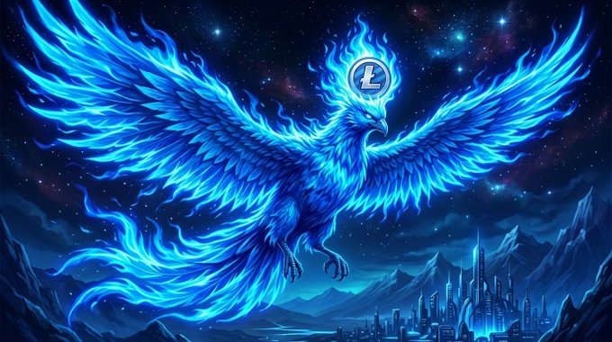A vibrant digital artwork depicting a glowing blue phoenix with outstretched wings soaring over a futuristic city, set against a starry cosmic backdrop, with a Litecoin (L) logo positioned on its forehead.