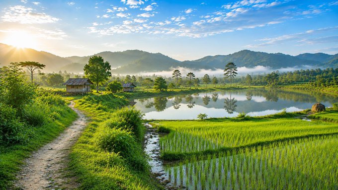 A serene landscape at sunrise featuring rice paddies, a calm reflective pond, distant misty mountains, and a small thatched hut beside a winding dirt path.
