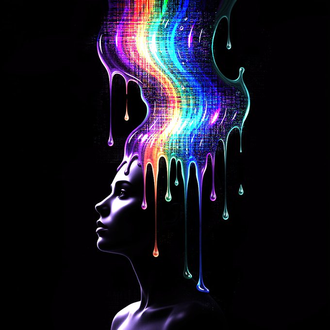 A digital art piece showing a woman's profile in silhouette with colorful rainbow paint dripping from her head like hair against a black background.