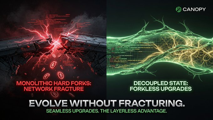A Canopy promotional graphic contrasting 'MONOLITHIC HARD FORKS: NETWORK FRACTURE' (red) with 'DECOUPLED STATE: FORKLESS UPGRADES' (green), with the tagline 'EVOLVE WITHOUT FRACTURING. SEAMLESS UPGRADES. THE LAYERLESS ADVANTAGE.'