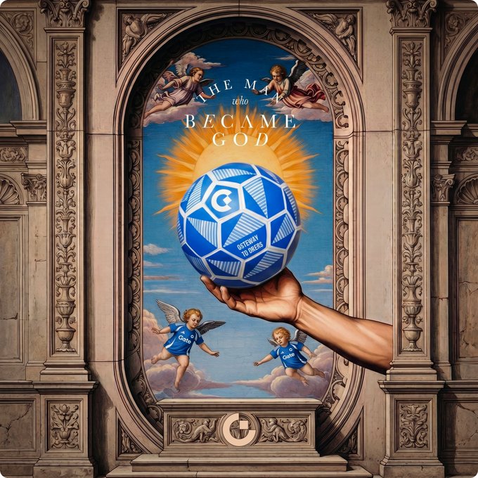 A classical Baroque-style mural depicts a heavenly scene where a divine hand holds a blue and white soccer ball emblazoned with the "G" Gate logo and "Gateway to Lords" text, surrounded by cherubs wearing Gate jerseys and the inscription "THE MAN WHO BECAME GOD." The image ties to the post by using football's iconic blue and white colors—mirroring Argentina's kit—and the Gate platform's branding to frame the upcoming Argentina vs. England World Cup clash as a divine, history-making showdown where users can predict the outcome on Gate Polymarket.