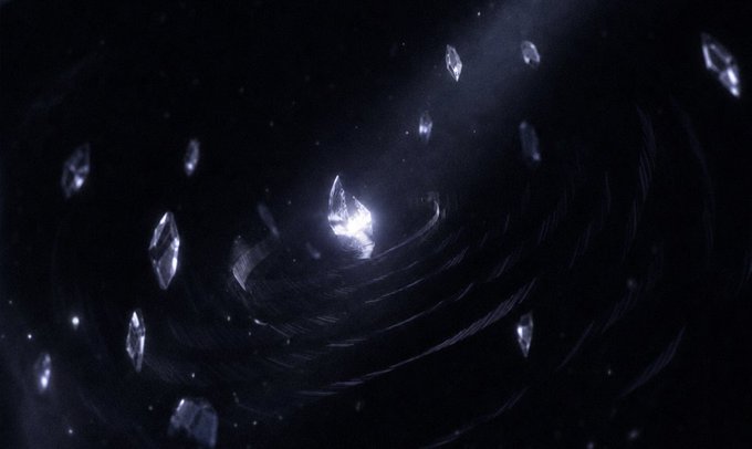 An atmospheric digital artwork showing a glowing central crystal surrounded by smaller floating crystals and swirling dark, wave-like shapes against a black background.