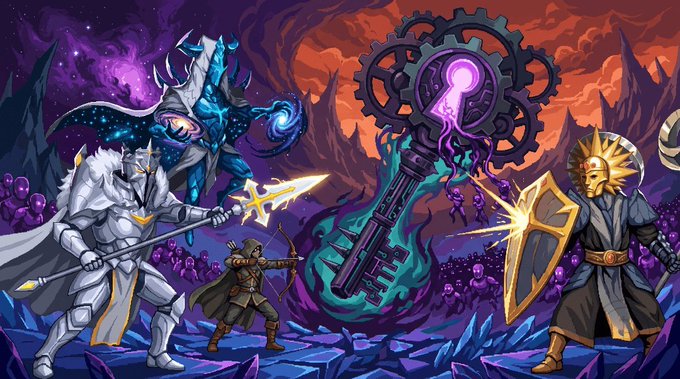 A fantasy artwork featuring armored warriors facing off against a giant glowing key and an armored figure with a shield, set against a backdrop of purple spirits and dramatic mountains.
