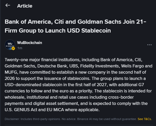 An article headline reads 'Bank of America, Citi and Goldman Sachs Join 21-Firm Group to Launch USD Stablecoin' with text about twenty-one financial institutions planning to establish a company in the second half of 2026.