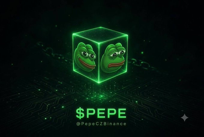 A promotional graphic for $PEPE cryptocurrency featuring two Pepe the Frog faces on a glowing green cube with the handle @PepeCZBinance.
