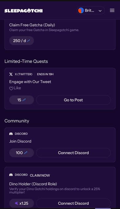 A Sleepagotchi Quest Hub interface showing a daily free Gatcha claim offering 250 points per day, a limited-time X (Twitter) engagement quest worth 15 points ending in 19 hours, and Discord community quests including a "Join Discord" task for 100 points and a "Dino Holder" role verification offering a x1.25 multiplier, illustrating the simple daily routine of small crypto quests referenced in the post.