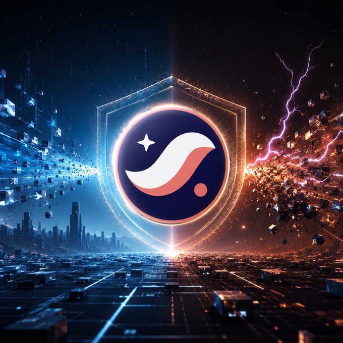 A digital illustration featuring a glowing shield emblem with a stylized 'S' logo over a futuristic cityscape, with blue energy on one side and fiery orange destruction on the other.