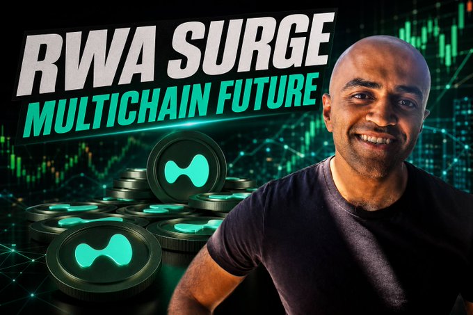 A promotional thumbnail titled 'RWA SURGE MULTICHAIN FUTURE' featuring a smiling bald man next to stacks of glowing teal cryptocurrency coins against a dark background with stock chart graphics.