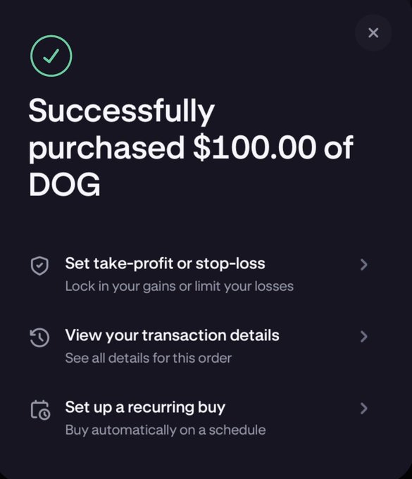 The image shows a screenshot of an advertisement or user interface for an application named "DOG". The background color is blue, and there are buttons at various points around the screen with different text descriptions. There's also a green checkmark that reads "Successfully purchased $100,000 of DOG", indicating that someone has made a successful purchase using the app. This message could be related to a new application or platform selling dog products, such as pet toys, food, and other essentials for dogs' wellbeing. The post suggests that people should consider purchasing these products from this app, as it seems to have had success in raising funds and attracting users by creating an exciting and engaging platform for buying dog-related items.