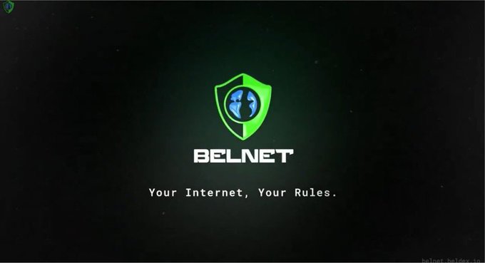 A logo design featuring a green shield with a blue globe icon and the text 'BELNET' along with the tagline 'Your Internet, Your Rules.' on a dark background.