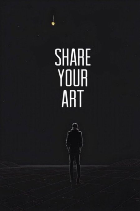 A minimalist dark poster featuring a silhouette of a person standing on a grid surface looking up at a lightbulb, with the text 'SHARE YOUR ART' displayed prominently.