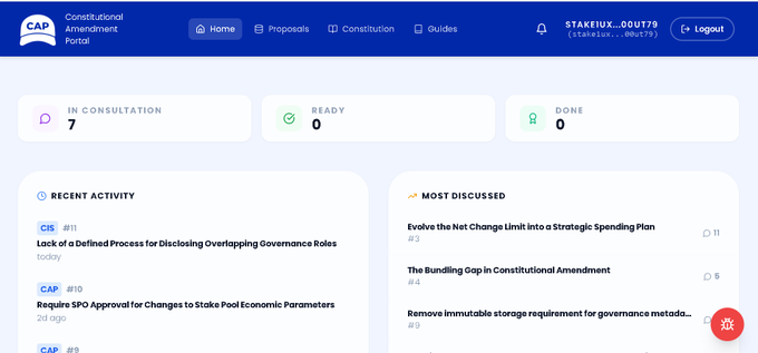 A screenshot of the 'Constitutional Amendment Portal' (CAP) dashboard showing 7 proposals 'In Consultation', 0 'Ready', and 0 'Done', with recent activity items including 'CIS-#11' about overlapping governance roles and 'CAP-#10' about SPO approval for stake pool parameters.