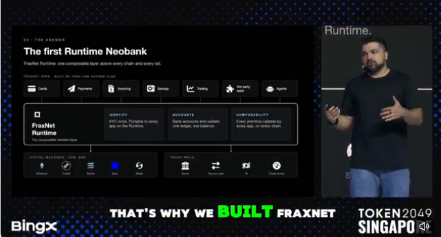 A presentation slide from Token2049 Singapore titled 'The first Runtime Neobank' featuring the FraxNet Runtime platform, with BingX branding in the corner and a presenter labeled 'Runtime' speaking on the right.