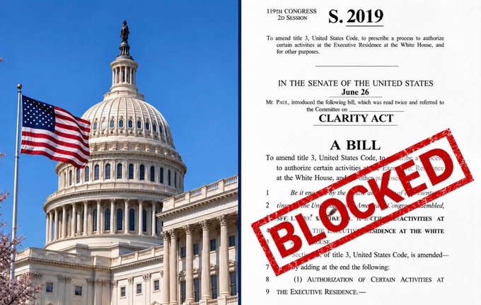 An image of the U.S. Capitol building beside a Senate bill (S. 2019, 119th Congress) stamped with a large red 'BLOCKED', regarding authorization of activities at the Executive Residence.