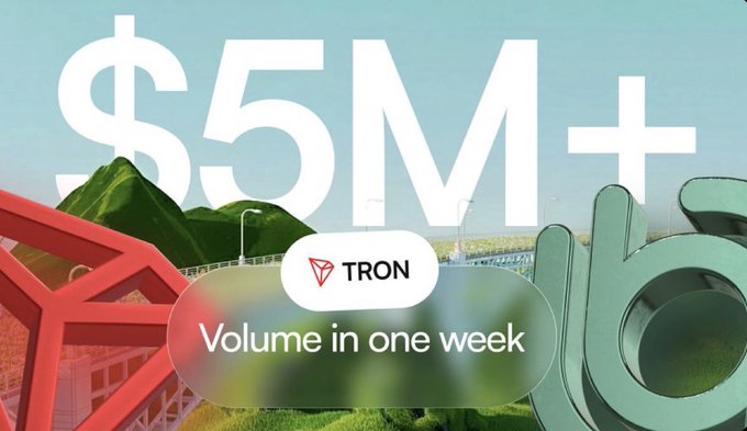 A graphic celebrating $5M+ in volume flowing through Tron in one week, prominently featuring the TRON logo alongside a bridge icon, with the text "Volume in one week" displayed in a pill-shaped banner—visually reinforcing the post's message about Allbridge Core handling significant cross-chain liquidity via the Tron network.