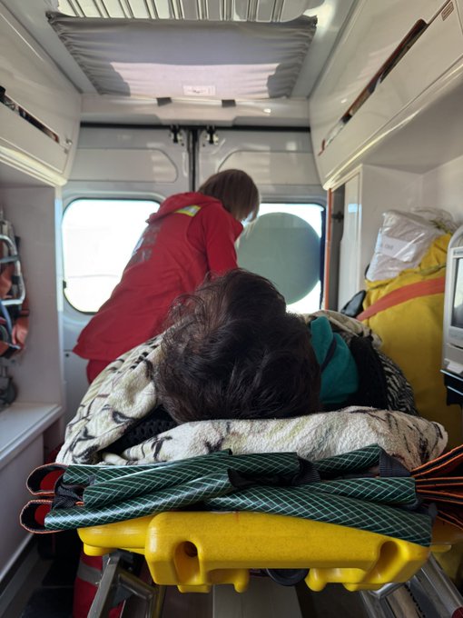 Inside an ambulance, a woman in a red jacket tends to her grandmother, who is lying on a stretcher covered with blankets, their backs to the camera as emergency personnel assist them through the rear doors. The somber scene reflects the emotional weight of the moment, capturing the urgency and vulnerability of a family rushing a loved one to the hospital.