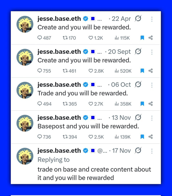 A series of tweets from 'jesse.base.eth' repeating the phrase 'Create and you will be rewarded' along with 'Trade and you will be rewarded' and 'Basepost and you will be rewarded'.