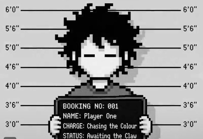 A pixel-art mugshot of "Player One" holding a booking slate with text reading "BOOKING NO: 001, NAME: Player One, CHARGE: Chasing the Colour, STATUS: Awaiting the Claw," humorously framing their eager participation in the BlnkINC raffle.