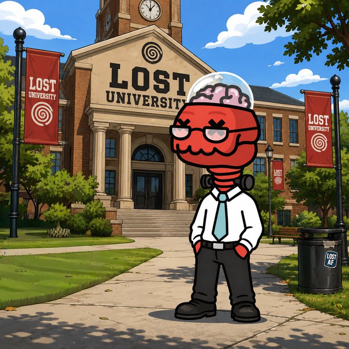 A cartoon red character wearing glasses, a white shirt, tie, and a brain-filled glass dome stands on the sidewalk of "Lost University," flanked by school banners matching the campus motto in the post's call for "losties" to return to learning.