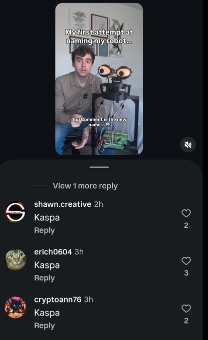 The image shows a man with a robot and comments suggesting "Kaspa" as the robot's name. The post's sentiment about the "Kaspa community" being "psychotic" relates to the overwhelming number of "Kaspa" comments.