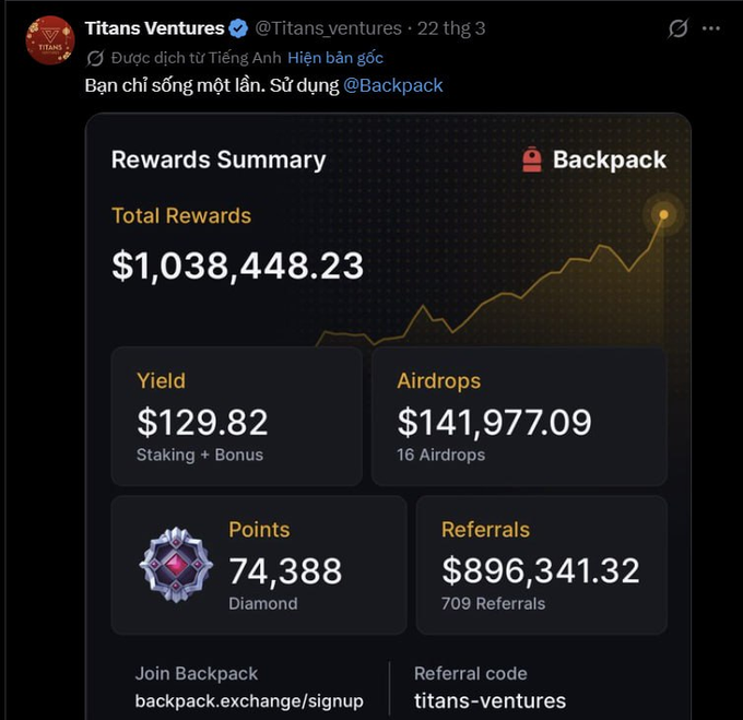 A screenshot of a "Rewards Summary" dashboard from Backpack exchange tied to the post, showing total rewards of **$1,038,448.23**, broken down into Yield ($129.82), Airdrops ($141,977.09 from 16 airdrops), Points (74,388 Diamond), and Referrals ($896,341.32 from 709 referrals), visually backing the caption's claim that the user is grinding airdrops and referrals to top the Backpack leaderboard.