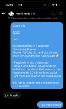 A screenshot of a Signal chat conversation titled 'retard mode' shows a user sharing details about 'SDEC' (75,000 members, 17 years old) with a user replying 'just bought' and 'love you i'm hard'.