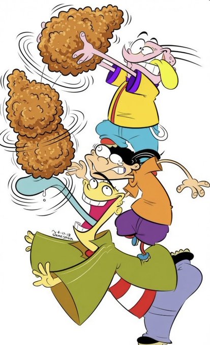 A cartoon depicting a chaotic stack of characters from the Ed, Edd n Eddy series piled on top of each other, with Eddy at the top hurling a large ball of hair or yarn while the others react with distress below.