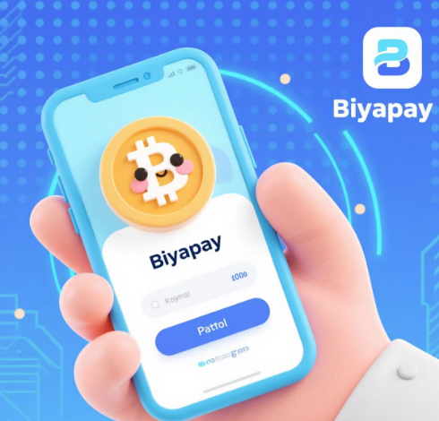 The image features a hand holding up a cell phone displaying an app called Biyapay, which allows users to send Bitcoins through a peer-to-peer network. The phone's screen shows a Bitcoin symbol, indicating that the user is using Bitcoins for payment or transactions. The background of the image has a blue and white color scheme with dots on it, suggesting that the app is related to cryptocurrency or digital currency.