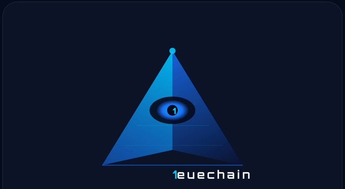 The image displays the 1EyeChain logo, featuring a blue pyramid with an eye emblem in the center, set against a dark navy background with the text "1eyechain" beneath it, which corresponds to the cryptocurrency's website sale and Coinstore IEO announcement.