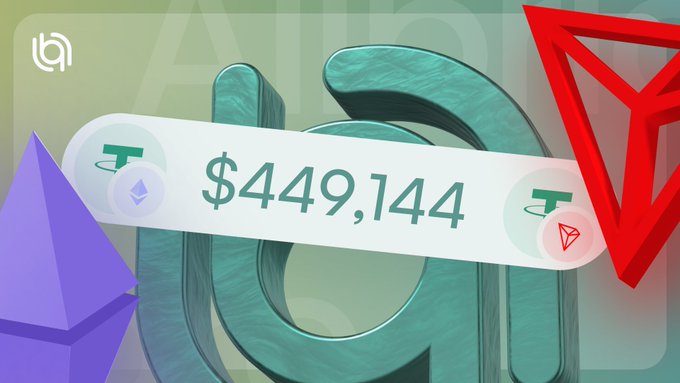 A graphic showing a transfer of $449,144 between USDT and Tron (TRX) wallets, featuring Ethereum and Tron logos.