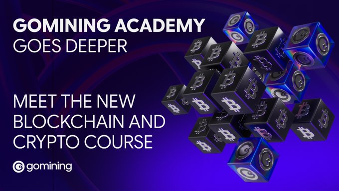 Promotional graphic for GoMining Academy’s new free blockchain and crypto course, featuring the text “GoMining Academy Goes Deeper” and “Meet the new blockchain and crypto course.” It highlights 8 beginner-friendly lessons explaining Bitcoin and crypto technology.