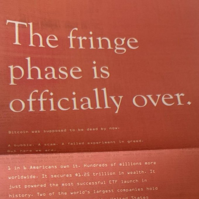 A red graphic displays the headline 'The fringe phase is officially over.' discussing Bitcoin's value and stating that 1 in 6 Americans own it, securing $1.25 trillion in wealth.
