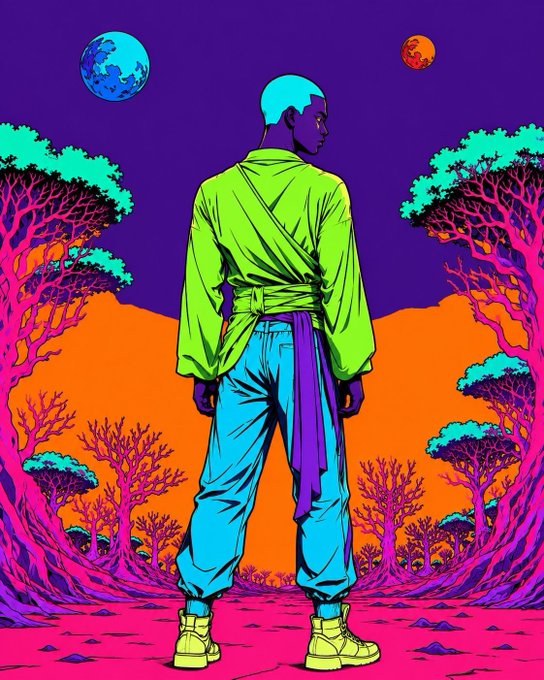 A vibrant neon-colored illustration of a blue-skinned figure in a green top and blue pants standing in an alien landscape with pink trees, orange ground, and two planets in a purple sky.