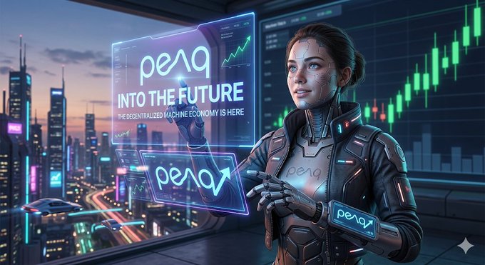The image features a woman wearing a futuristic outfit, possibly a robot suit or armor, standing next to a large screen displaying a city skyline at night with neon lights. The woman appears to be interacting with the screen using her hands, which are equipped with gloves that resemble those of a robot. The background shows an urban setting with buildings and skyscrapers illuminated by artificial light.

The image also contains text related to the PEAQ brand, such as "PEAQ #PEQ" and "Machine Economy AWAKENING: Over 6 million robots, devices, and machines are already onboarded, completely redefining real-world commerce as autonomous economic entities running their own wallets!".