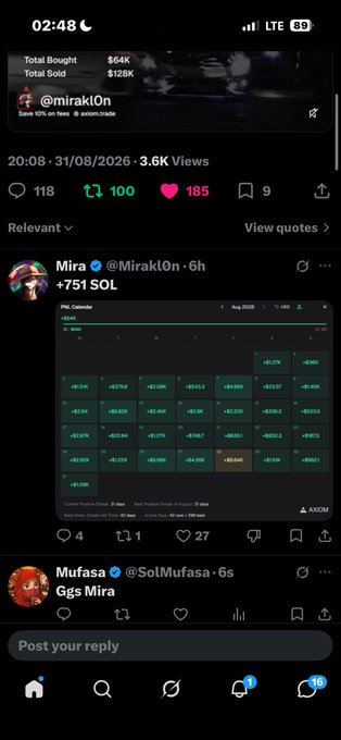 A mobile social media screenshot shows a user profile '@mirakl0n' with 'Total Bought $64K' and 'Total Sold $120K', along with a PnL calendar and a trading chart.