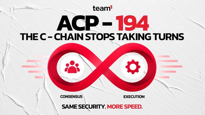 A promotional graphic for Avalanche team1 ACP-194 titled 'THE C-CHAIN STOPS TAKING TURNS', featuring an infinity symbol combining consensus and execution icons with the tagline 'SAME SECURITY. MORE SPEED.'