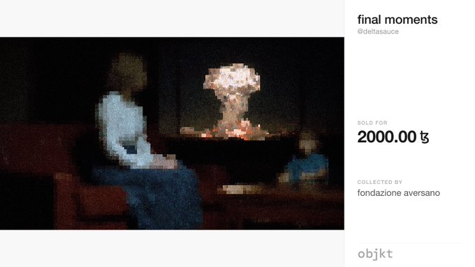 A digital art piece titled "final moments" by @deltasauce, sold on objkt.com for 2000.00 ꜩ and collected by fondazione aversano. The pixelated artwork depicts a figure seated at a table beside a glowing vase of flowers, conveying an intimate, melancholic atmosphere that aligns with its evocative title.
