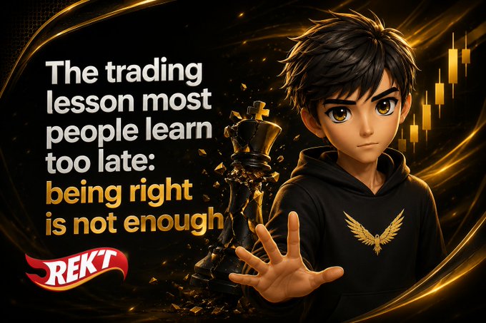 An anime-style graphic with the text "The trading lesson most people learn too late: being right is not enough" alongside a "REKT" logo and a character reaching toward a chess piece.