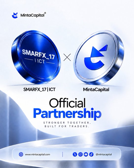 A promotional graphic announcing an official partnership between SMARFX_17 | ICT and MintaCapital, with the tagline 'STRONGER TOGETHER, BUILT FOR TRADERS' and social media handles.