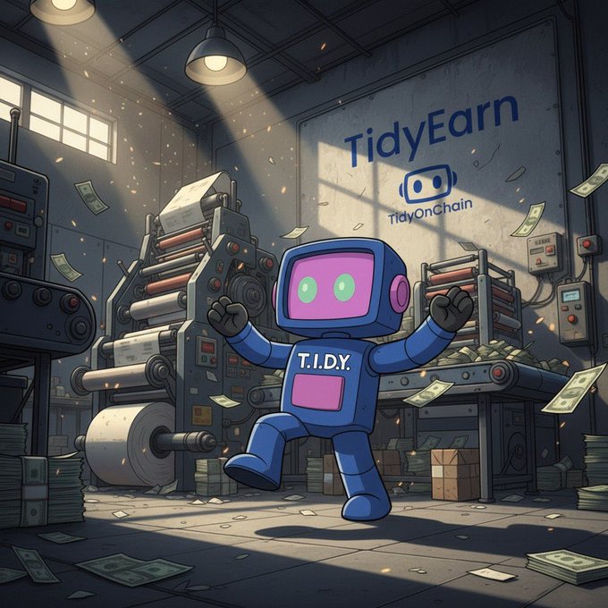 An illustrated cartoon image of a blue robot character labeled 'T.I.D.Y.' standing in a factory setting with money flying around, with the text 'TidyEarn TidyOnChain' displayed on the wall behind it.