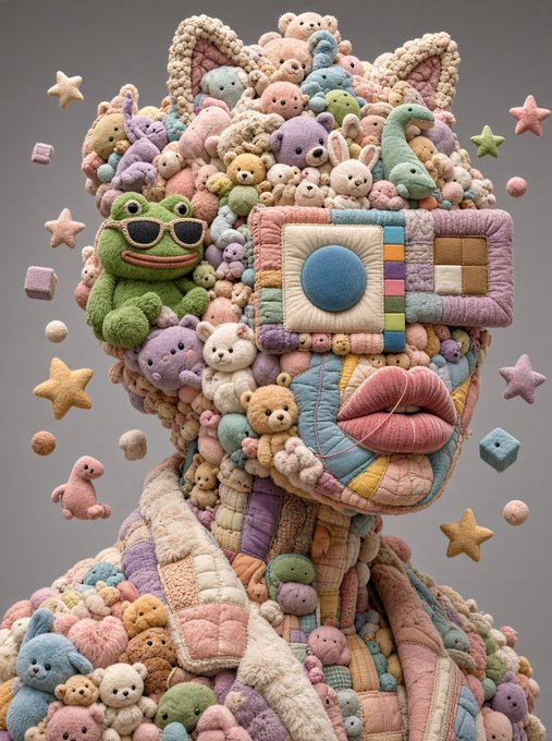A surreal 3D sculptural portrait of a cat-like figure made entirely from pastel-colored plush toys, including teddy bears, stars, dice, and various stuffed animals.