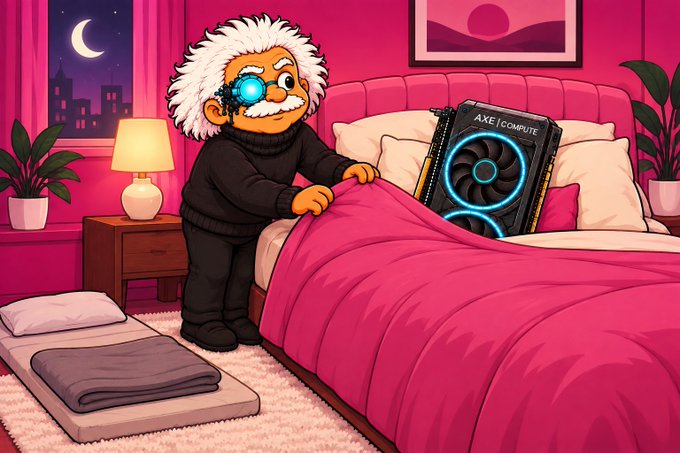 A cartoon Einstein-like figure in a black turtleneck tucks a large "AXE COMPUTE" GPU into a pink bed under a starry night sky. The scene humorously personifies the GPU being put to "sleep mode," matching the post's reference to a $GPU resting for the night.
