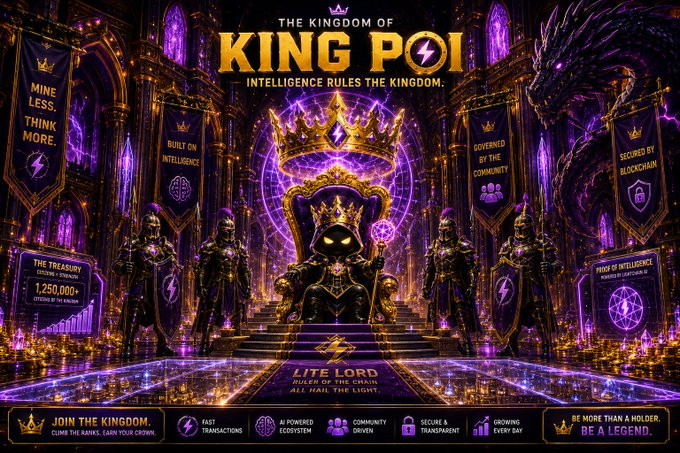 A dark, gold-and-purple themed promotional graphic titled 'THE KINGDOM OF KING POI' proclaims 'INTELLIGENCE RULES THE KINGDOM', depicting a crowned figure on a throne with hooded guards, and banners reading 'MINE LESS. THINK MORE.', 'BUILT ON INTELLIGENCE', 'GOVERNED BY THE COMMUNITY', and 'SECURED BY BLOCKCHAIN'.